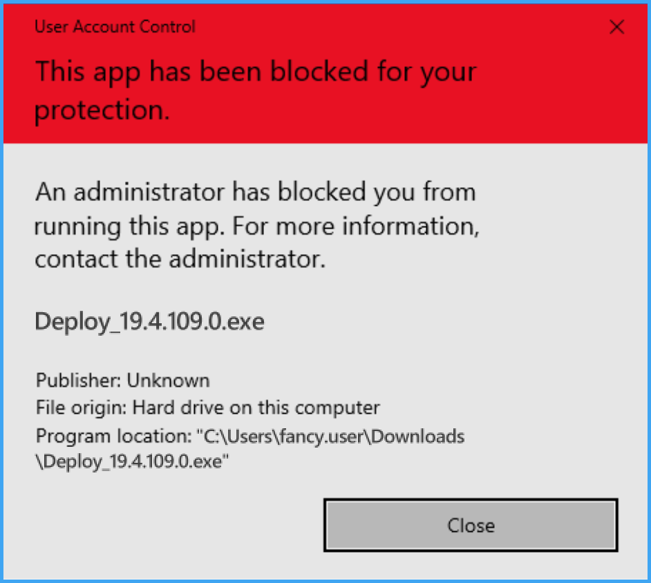 UAC dialog showing administrator block prevents running older PDQ build