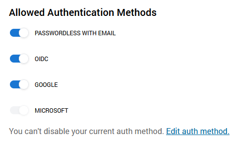 A configuration of Allowed Authentication Methods which shows all methods enabled with the current user set to use Microsoft Entra ID SSO. A notice at the bottom states, "You can't disable your current auth method" with a link to Edit auth method. 