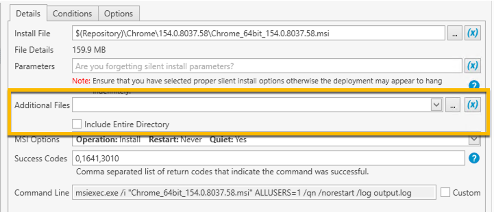 Additional Files field and Include Entire Directory highlighted in a PDQ Deploy Install Step.