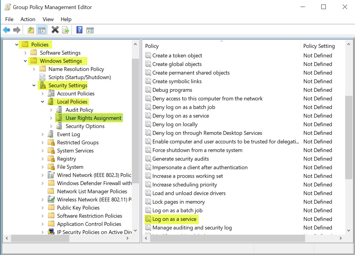 Group Policy Management Editor with Policies, Windows Settings, Security Settings, Local Policies, and User Rights Assignment expanded in the left pane, and the "Log on as a service" policy highlighted in the right-hand list, showing a Policy Setting of Not Defined.