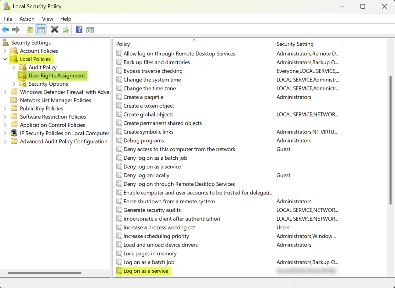 Group Policy Management Editor with Policies, Windows Settings, Security Settings, Local Policies, and User Rights Assignment expanded in the left pane, and the "Log on as a service" policy highlighted in the right-hand list, showing a Policy Setting of Not Defined.