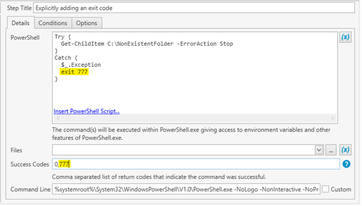 PDQ Deploy PowerShell step showing exit 777 in a catch block and 777 added to the Success Codes field.