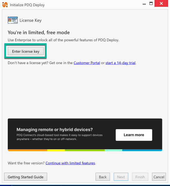 PDQ Deploy setup wizard prompting the user to enter a license key or continue with limited features.