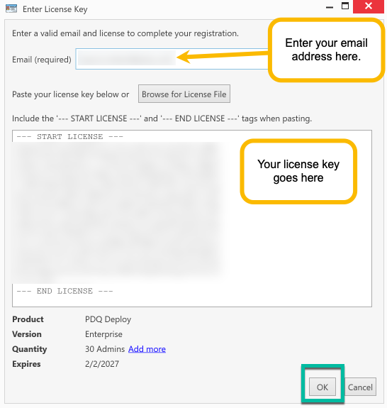 PDQ Deploy setup wizard prompting the user to enter a license key or continue with limited features.