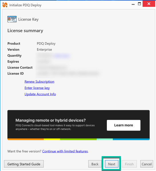 License summary screen showing PDQ Deploy license details and the Next button.