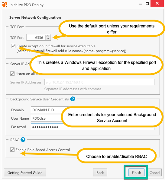 PDQ Deploy setup wizard showing server network configuration, background service account credentials, RBAC settings, and the Finish button.