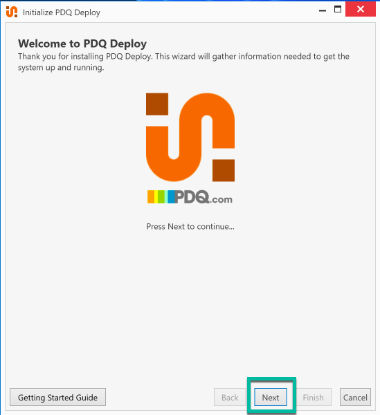 Welcome screen for the PDQ Deploy setup wizard with the Next button highlighted.