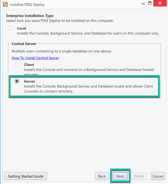 PDQ Deploy installation wizard with the Server role selected under Central Server installation options.