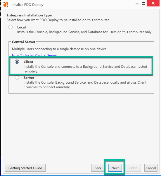 PDQ Deploy installation wizard with the Client role selected under Central Server installation options and the Next button highlighted.