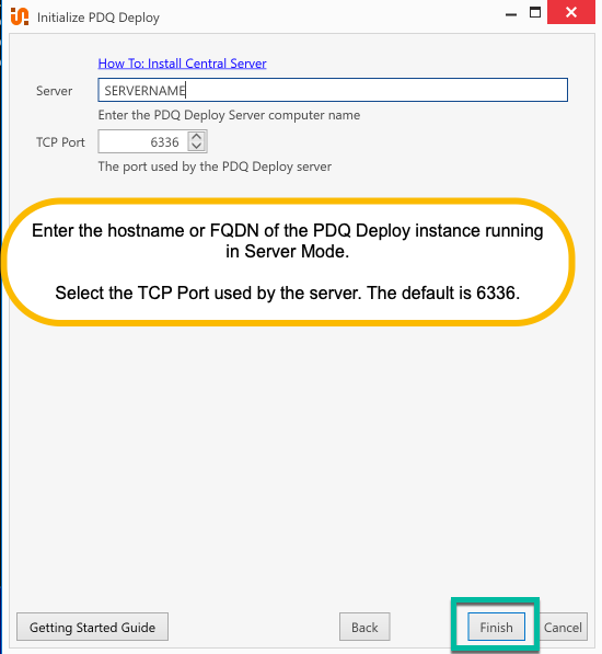 PDQ Deploy Client setup screen for entering the server hostname or FQDN and TCP port used by the PDQ Deploy Server, with the Finish button highlighted