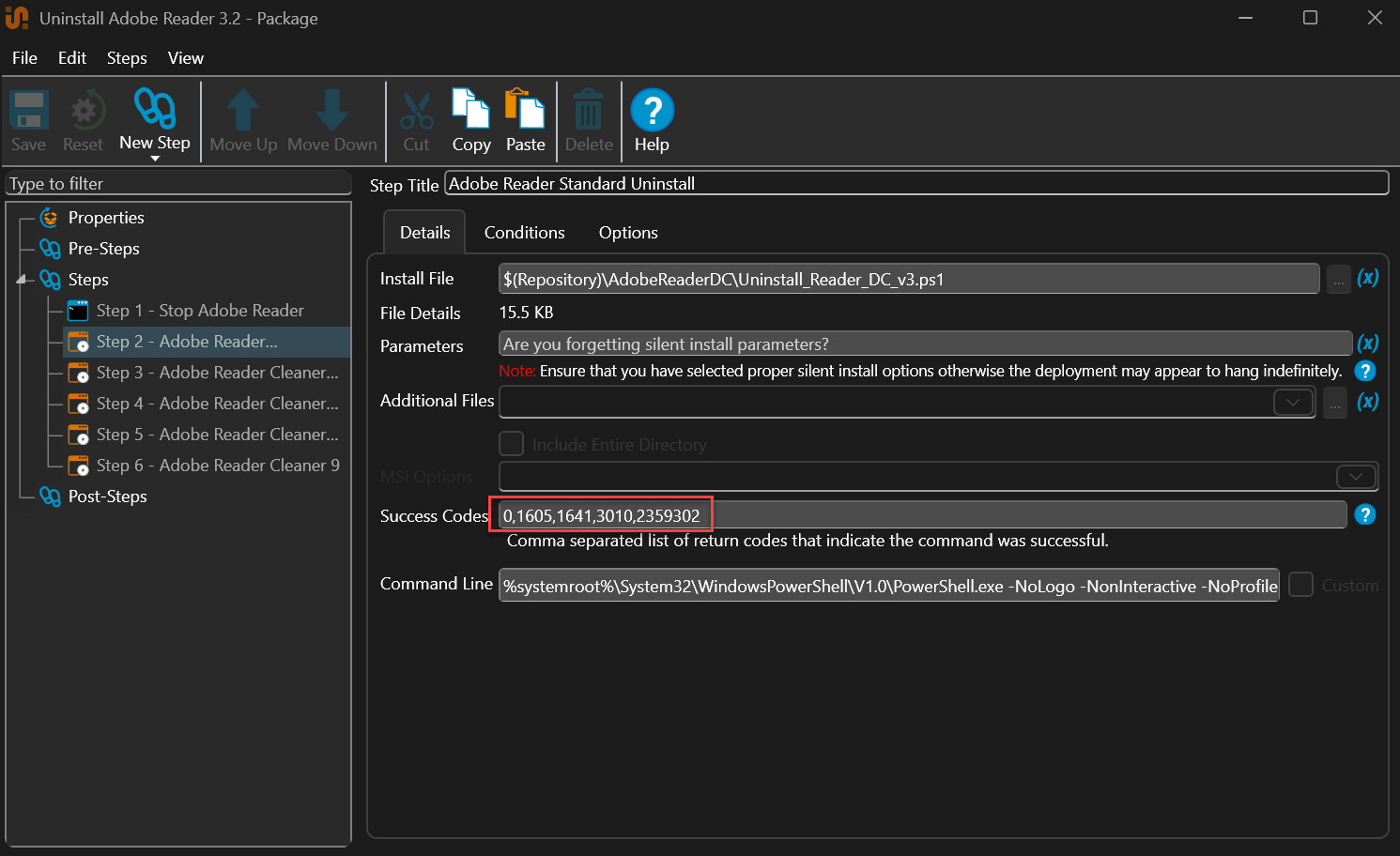 PDQ Deploy package configuration screen with the Success Codes field highlighted, showing 0, 1605, 1641, 3010, 2359302 as accepted uninstall return codes for an Adobe Reader uninstall step.